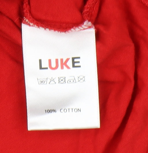 Brand and care label for Luke Men's Red Medium Cotton Crew Neck T-Shirt