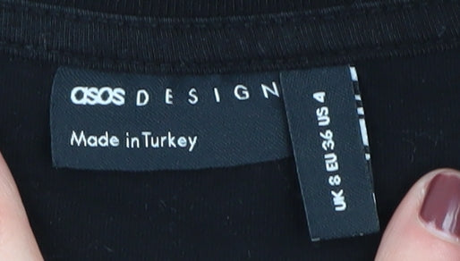 Brand and care label for ASOS DESIGN Women's Black Basic T-Shirt, size 8