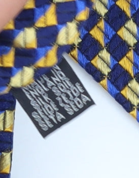 Brand and care label for Jaeger Men's Blue Yellow Geometric Silk Tie