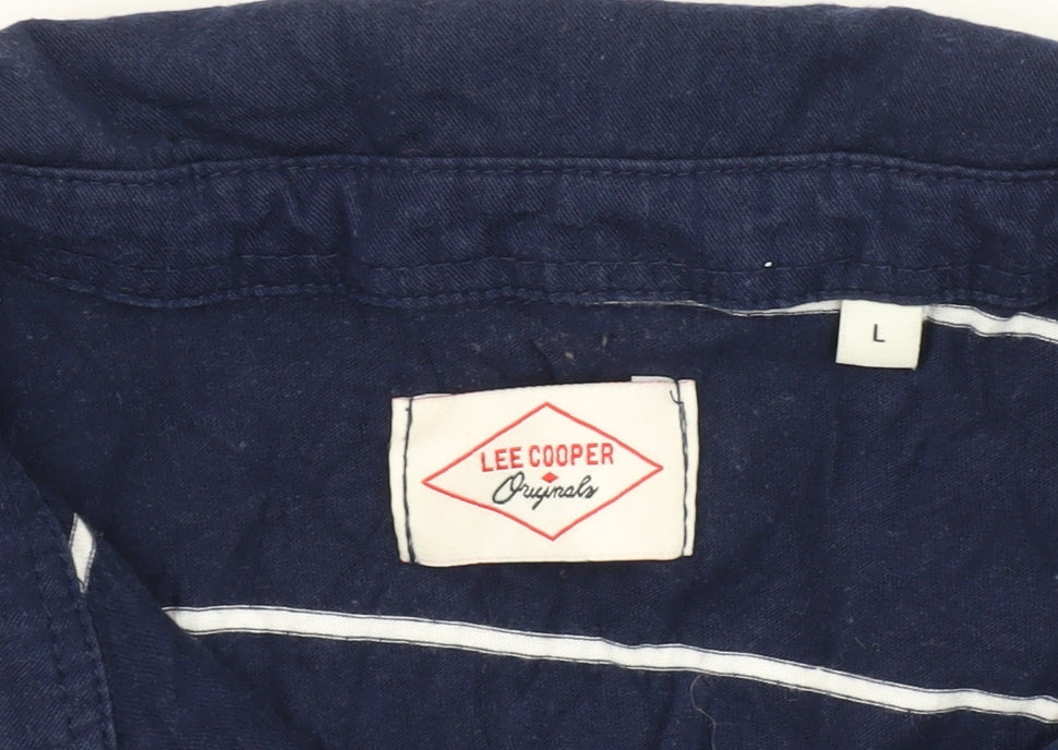 Brand and care label for Lee Cooper Men's Blue Striped Polo Shirt L