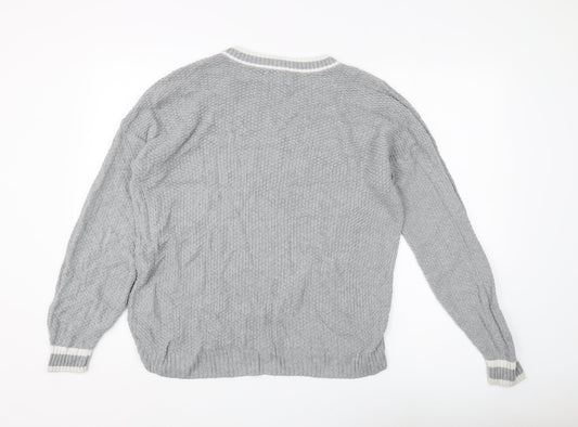 Hollister Women's Grey V-Neck Cable-Knit Jumper M