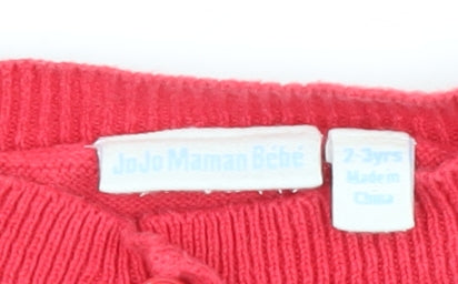 Brand and care label for JoJo Maman Bébé girls’ red cotton shrug, 36 months, knit jumper