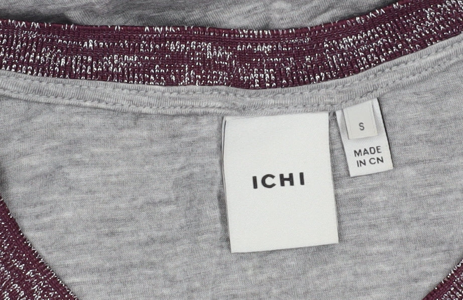 Brand and care label for ICHI Women's Grey Basic T-Shirt, size S, Crew Neck