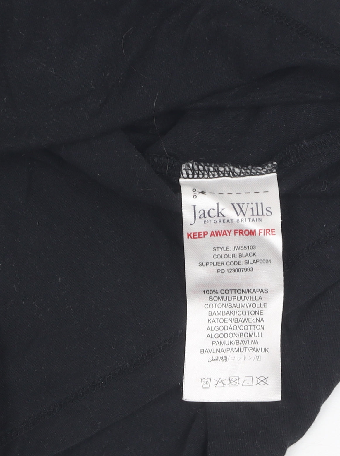 Brand and care label for Jack Wills girls’ black long sleeve logo t-shirt 14-15 years