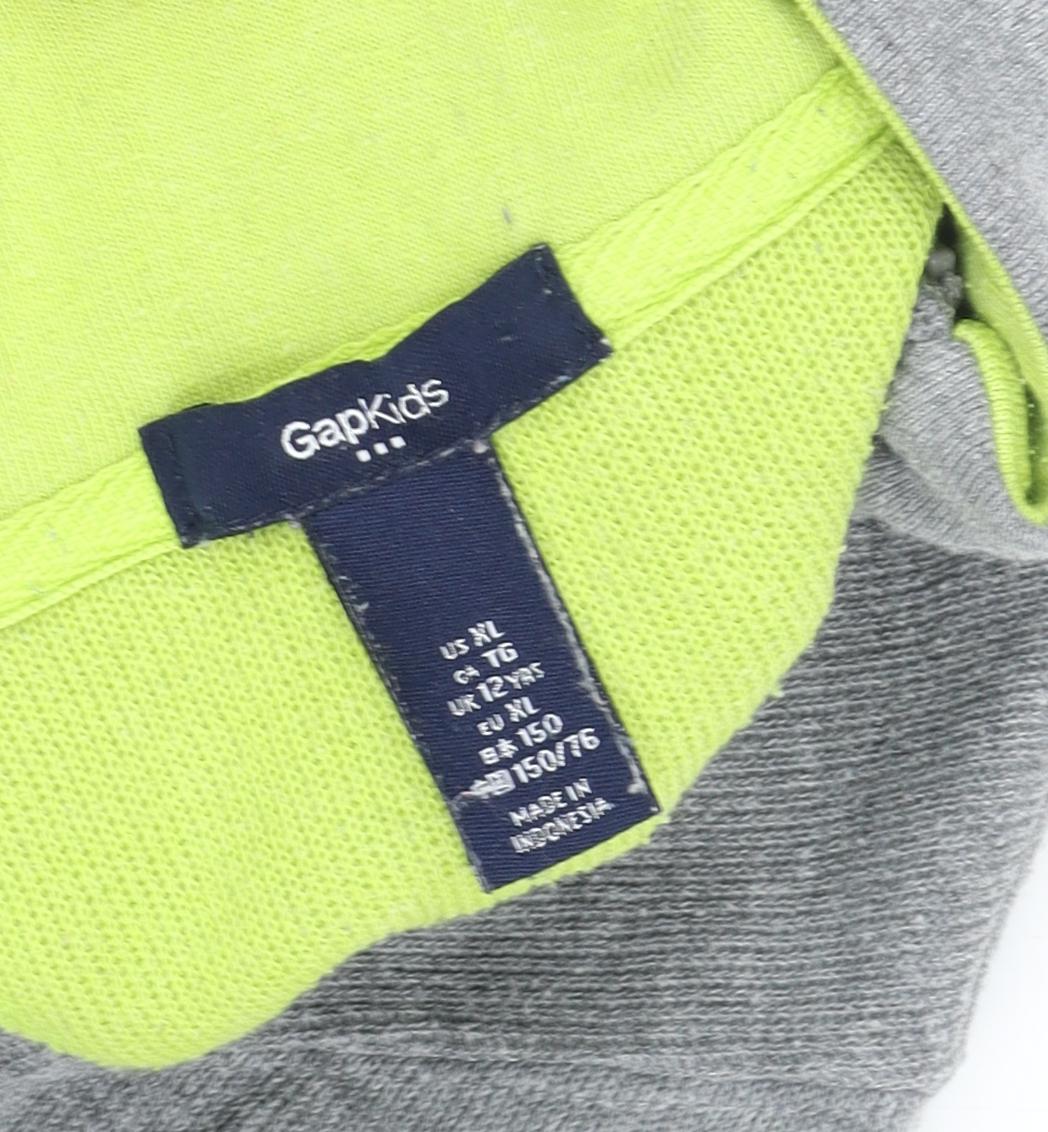 Brand and care label for GapKids boys’ grey 1/4 zip sweatshirt, size 12, years, casual wear