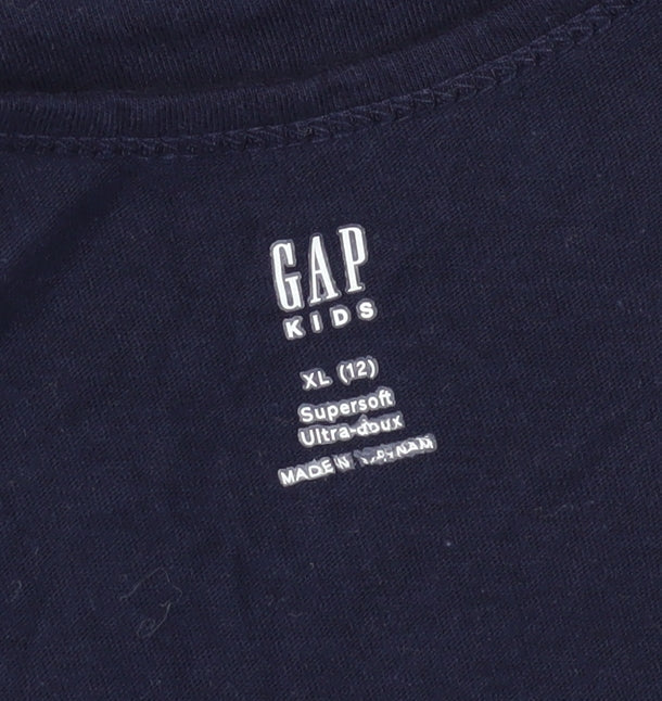Close-up detail of Gap girls’ blue sequin logo tank top, 12 years, cotton