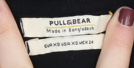 Pull&Bear Women's Black T-Shirt, 2XS, Fun Cat Print