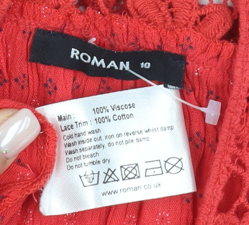 Close-up detail of Roman Women's Red Trapeze Dress, size 10, Sleeveless