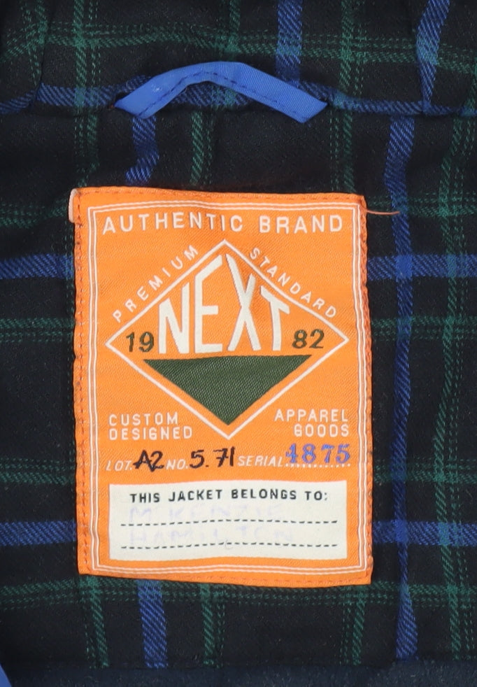 Brand and care label for Next boys’ blue basic hooded jacket, 11 years, winter wear