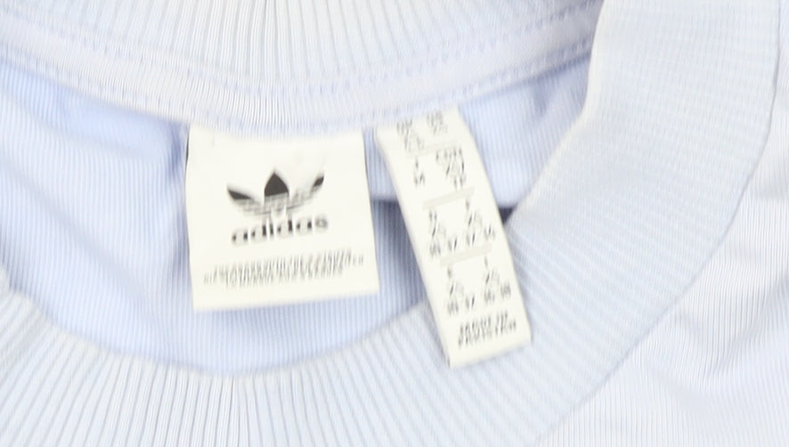 Close-up detail of Adidas Women's Blue Basic T-Shirt -, size L, Crew Neck