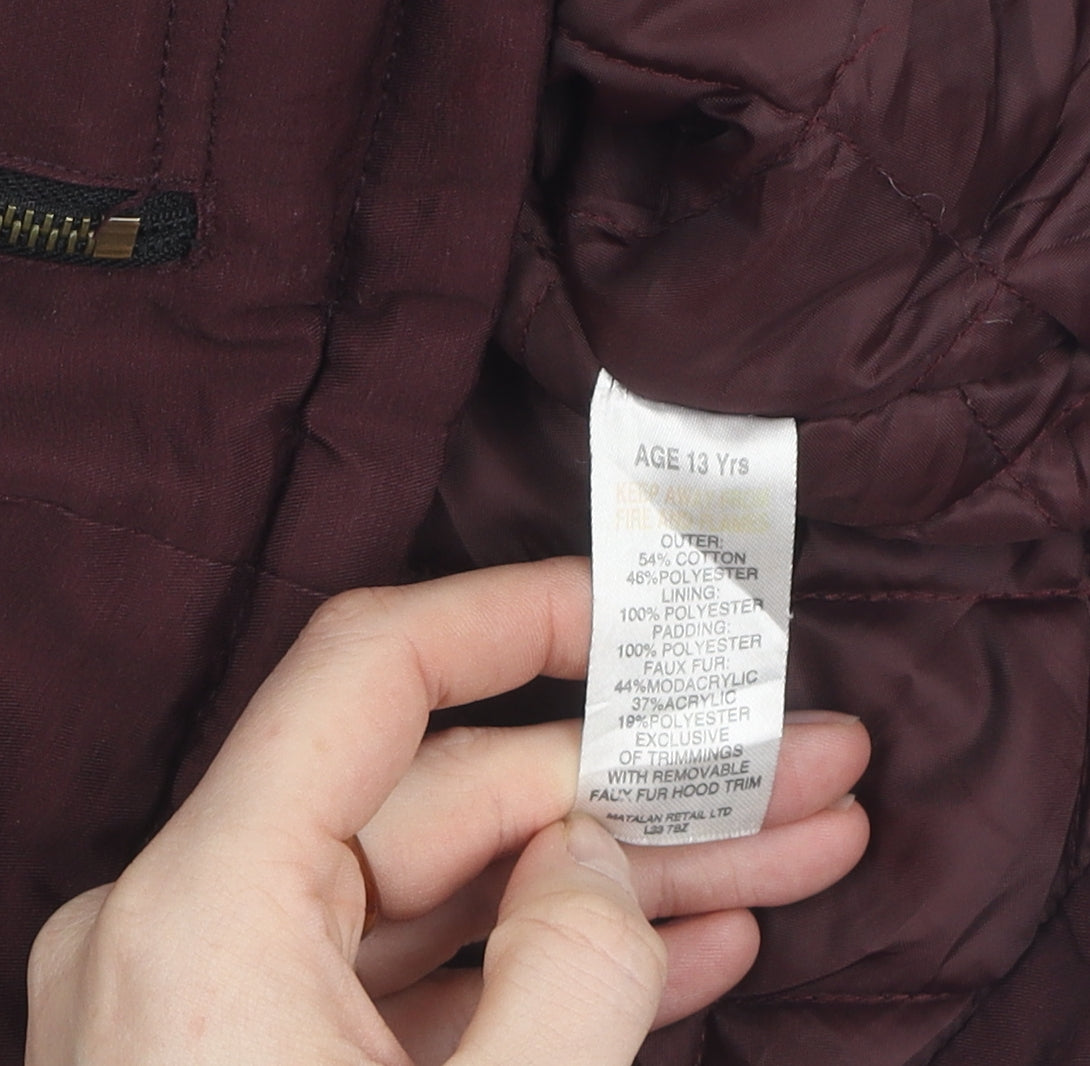 Brand and care label for Candy Couture girls’ red hooded parka coat - 13 years