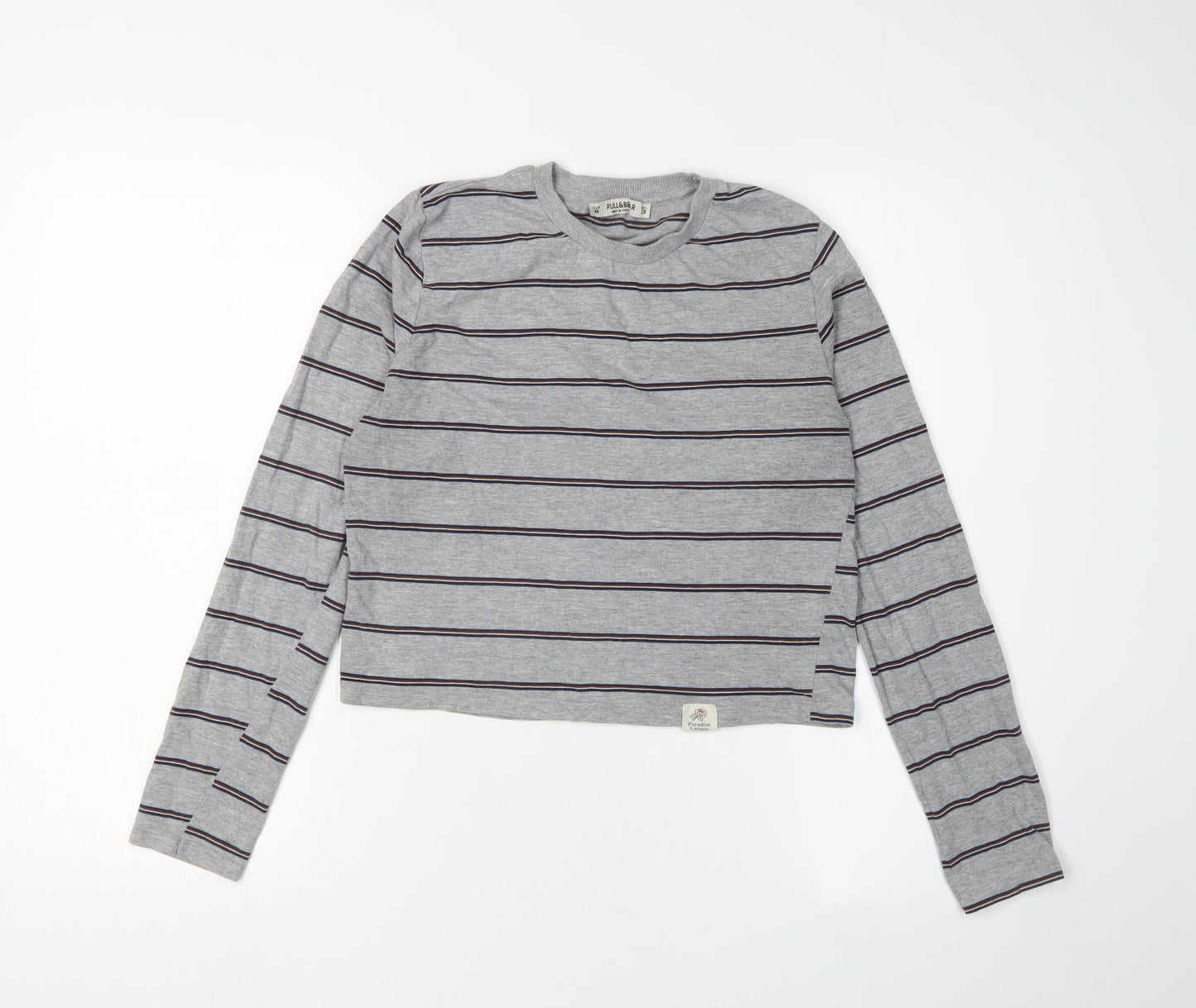 Pull&Bear Women's Grey Cropped Striped T-Shirt