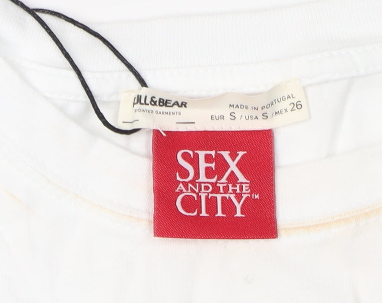 Pull & Bear White Women's T-Shirt, Size S, Short Sleeve