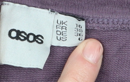 Brand and care label for ASOS Women's Purple Cotton Pullover Sweatshirt UK 10