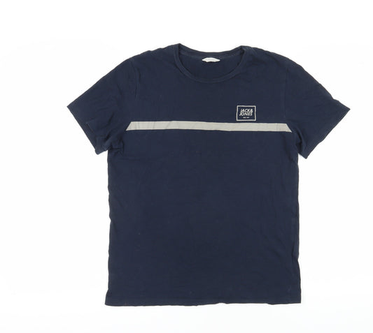 Jack & Jones Men's Blue T-Shirt, Size S, Solid Crew Neck