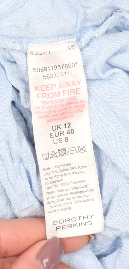 Close-up detail of Dorothy Perkins Blue Lace Camisole Blouse, size 12, - Summer Style