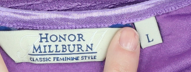 Brand and care label for Purple Honor Millburn Women's Basic T-Shirt L