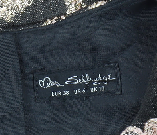 Brand and care label for Miss Selfridge Black Floral Cropped Women's Blouse, size 10