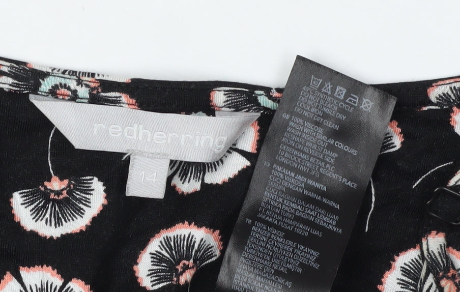 Close-up detail of Red Herring Women's Black Floral Tank Top, size 14