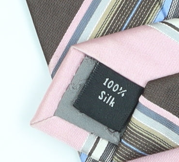 Brand and care label for Thomas Nash Men’s Striped Silk Tie - Pink/Brown