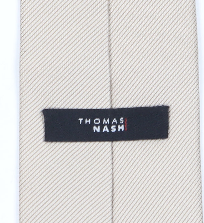 Brand and care label for Thomas Nash Men's Beige Silk Slim Tie, Striped, One Size