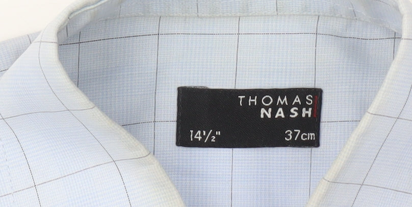 Brand and care label for Thomas Nash Men's Blue Check Dress Shirt Slim Long Sleeve
