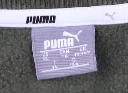 Brand and care label for Puma boys’ green logo pullover sweatshirt, 14 years