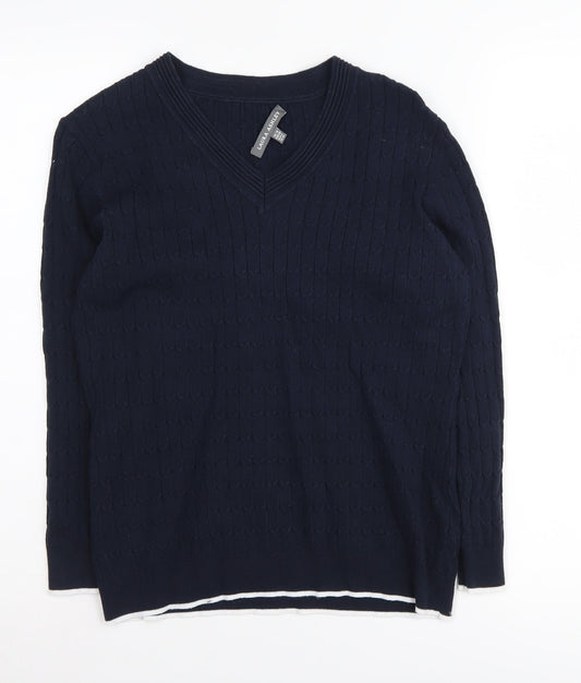 Laura Ashley Women's Blue V-Neck Cable-Knit Jumper