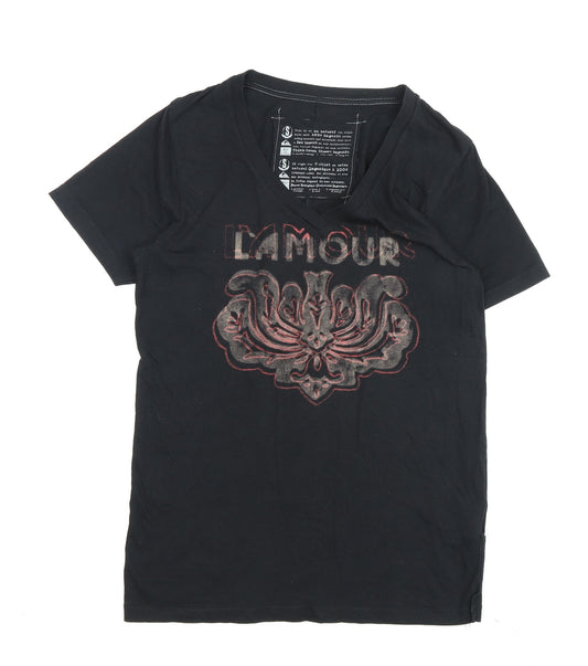 Quiksilver Black V-Neck T-Shirt Size S Unisex Casual