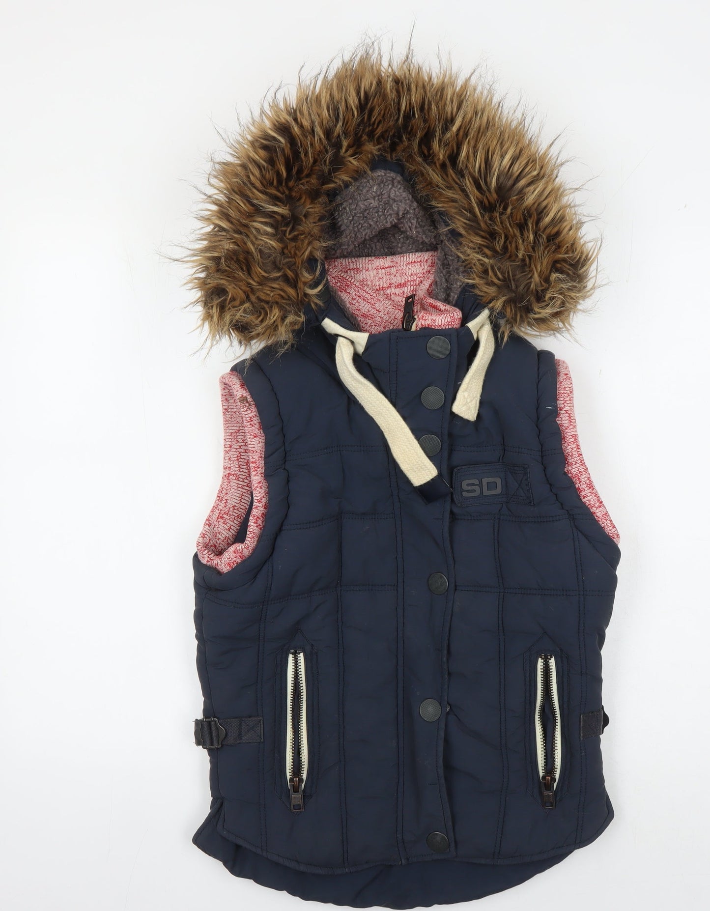 Superdry Women's Blue Fur Trim Hooded Waistcoat XS