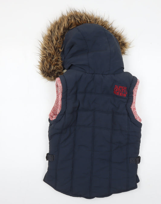 Superdry Women's Blue Fur Trim Hooded Waistcoat XS