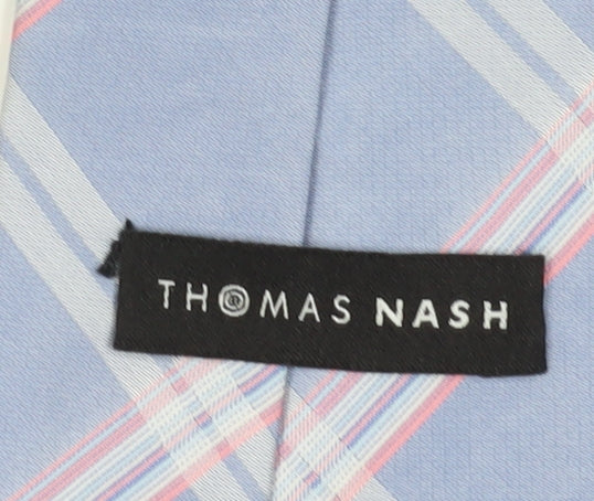Brand and care label for Thomas Nash Men's Blue Checkered Polyester Tie