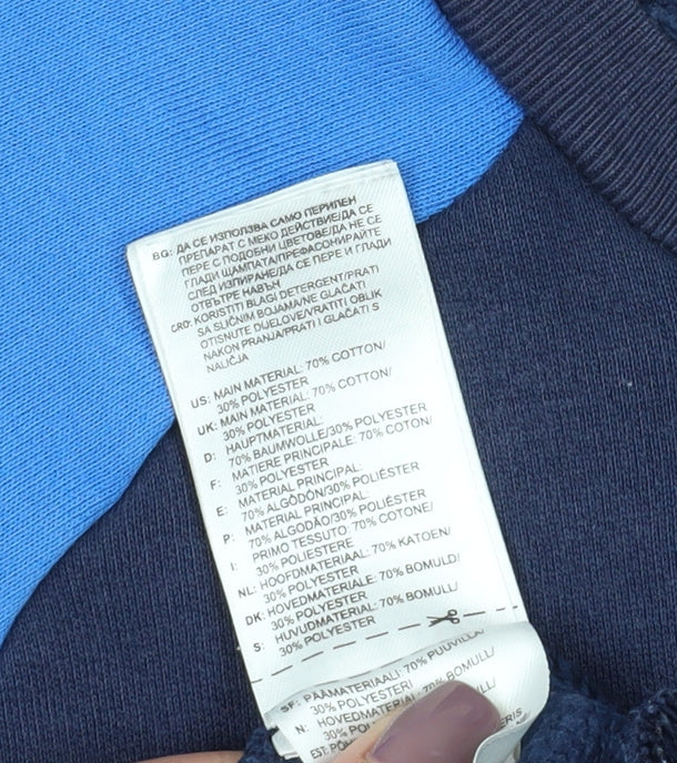Brand and care label for Adidas boys’ blue sweatshirt 13-14y pullover logo