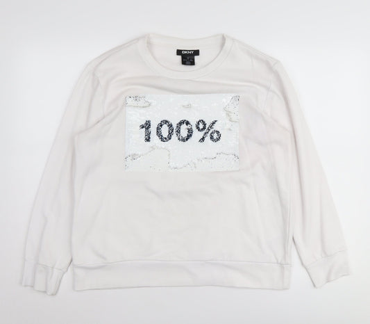 DKNY Women's White Sequin Pullover Sweatshirt M