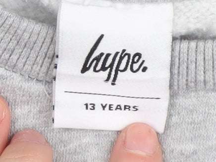 Brand and care label for Hype boys’ grey crew neck pullover sweatshirt 13 years