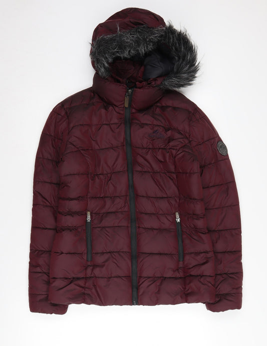 Superdry Women's Red Puffer Jacket Size 10 Hooded