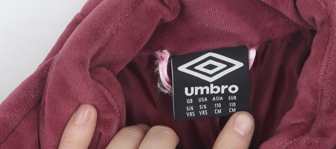 Brand and care label for Umbro girls’ red puffer jacket 5-6 years - casual autumn/winter