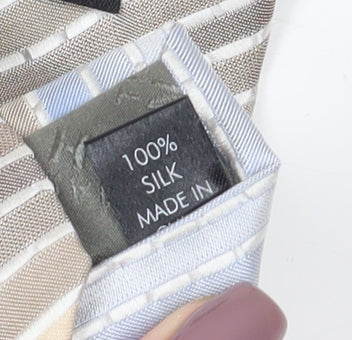 Brand and care label for Thomas Nash Men's Silk Striped Tie in Beige and Blue