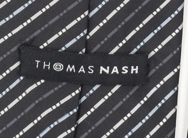 Brand and care label for Thomas Nash Men's Black Striped Polyester Tie