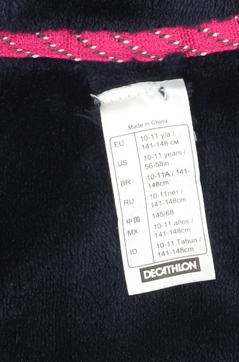 Close-up detail of Decathlon girls’ blue hooded fleece jacket 11 years