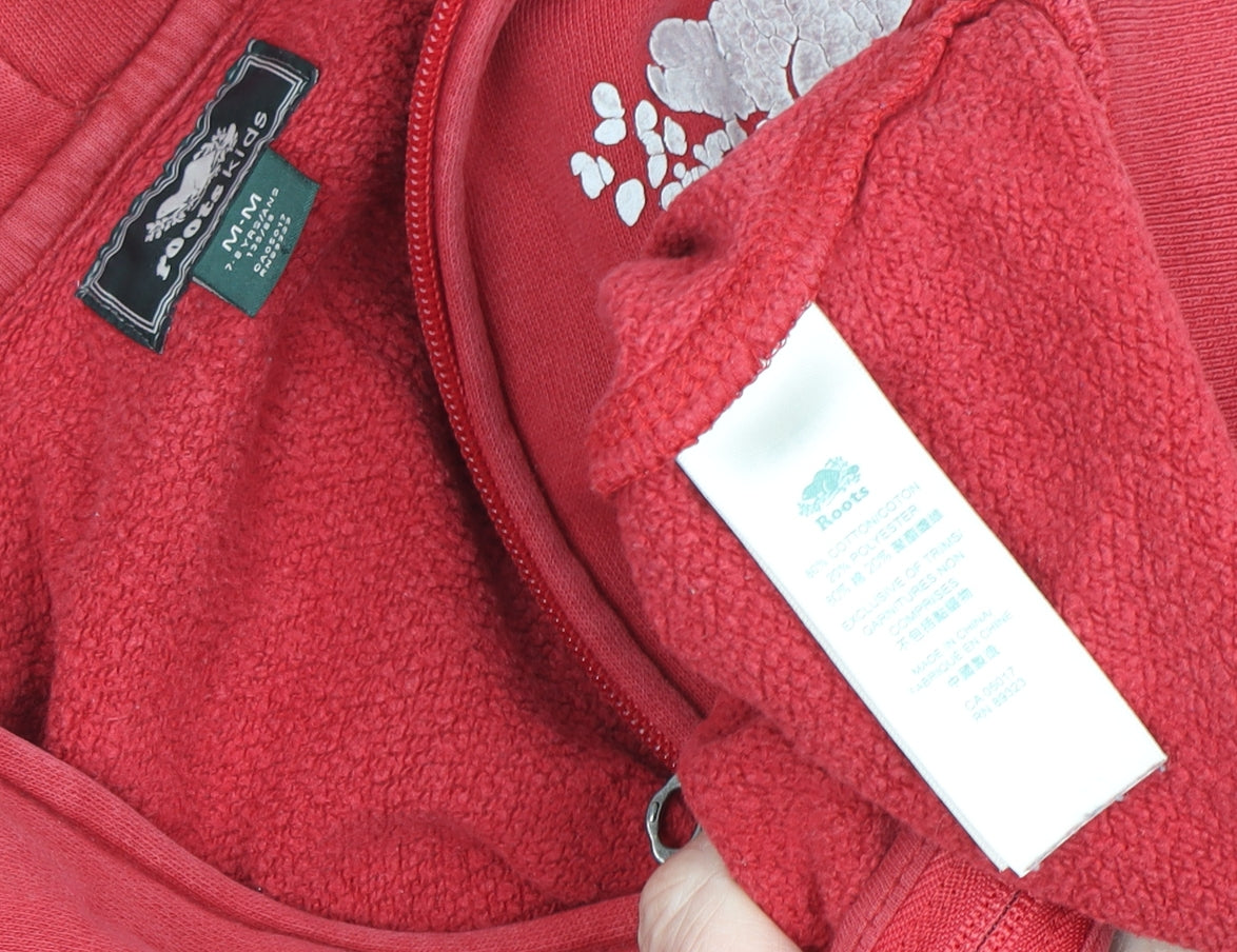 Brand and care label for Roots boys’ red full zip hoodie 7-8 years hooded canada logo