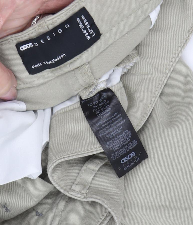 Close-up detail of ASOS Design Men's Beige Chino Trousers, size L
