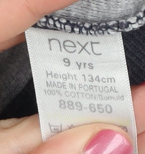Close-up detail of Next boys’ black striped pullover sweatshirt, 9 years