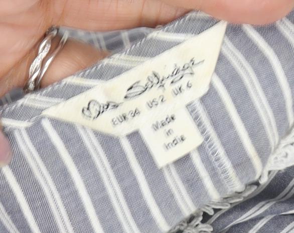 Close-up detail of Miss Selfridge Blue Striped Cropped Blouse, UK 6