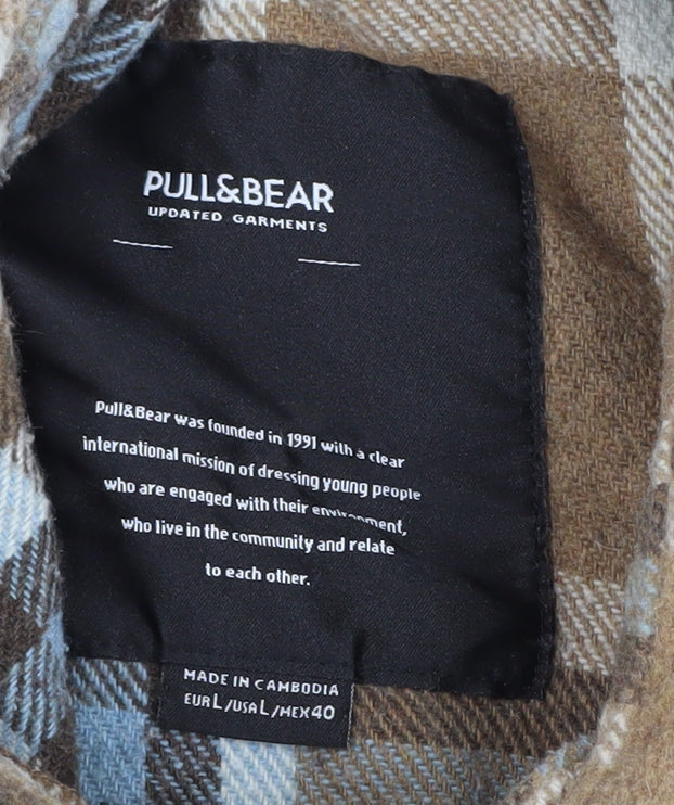 Pull&Bear Women's Brown Plaid Button-Up Shirt L