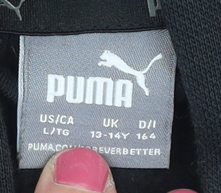 Brand and care label for Puma boys’' black full zip hoodie 13-14 years jersey casual