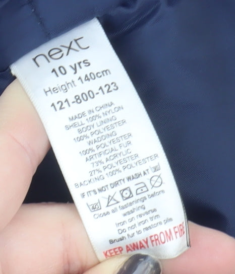 Close-up detail of Next boys’ blue puffer jacket, 10 years, winter ready