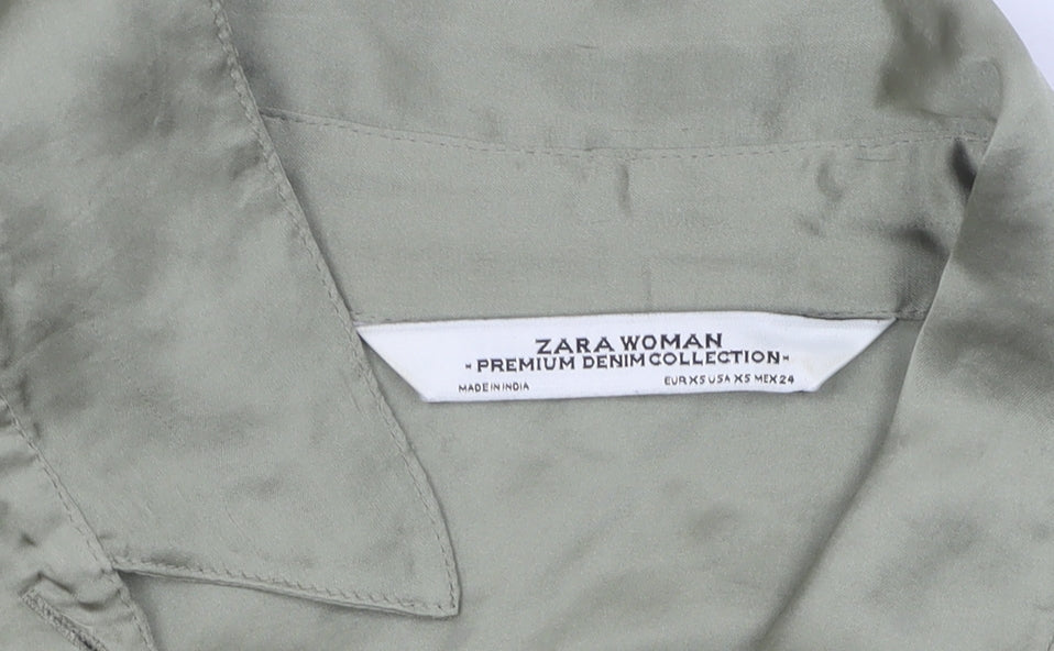 Brand and care label for Zara Woman Green Floral Embroidered Silk Shirt Dress XS