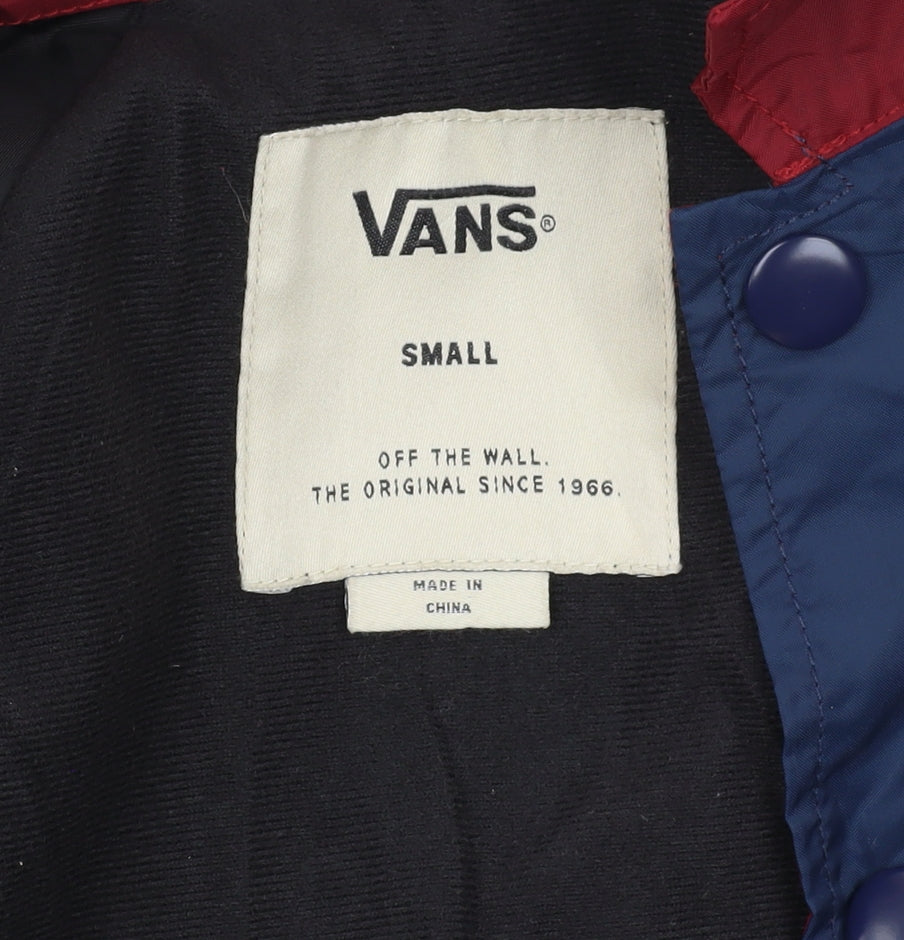 Brand and care label for Vans boys’ red blue colourblock jacket small nylon