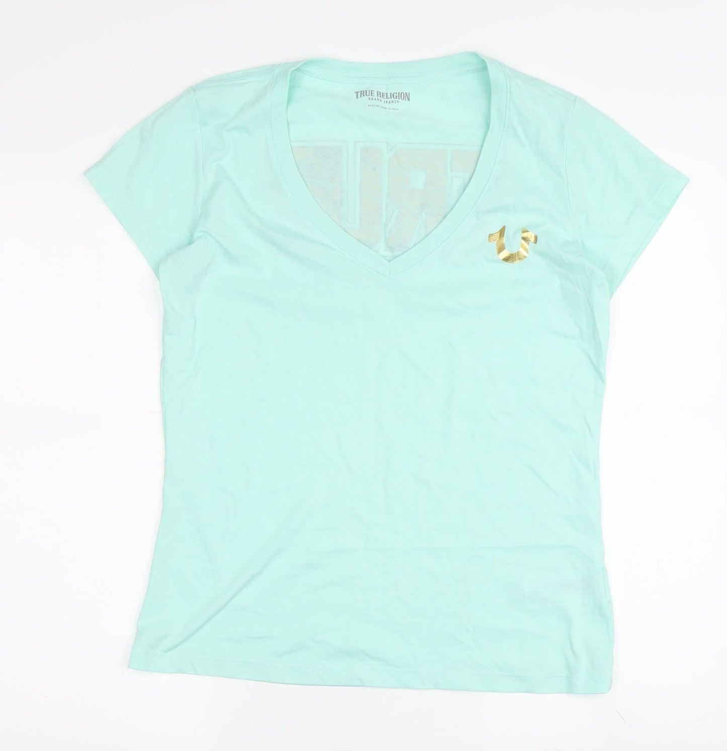 True Religion Women's Green V-Neck T-Shirt Medium